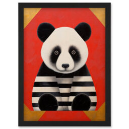 Artery8 Panda With Stripes Fun Kids Bedroom Baby Nursery Bright Bold Artwork Red Black White Wall Art Print - A4 Size - thumbnail 1