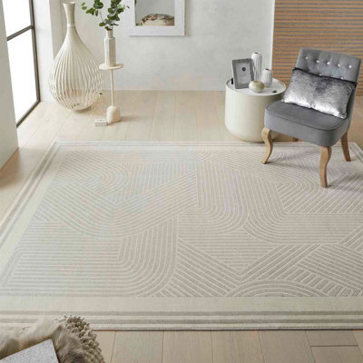 Light Grey Ivory Chequered Geometric Modern Easy To Clean Modern Dining Room Bedroom And Living Room Rug-120Cm X 180Cm