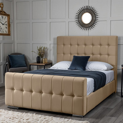 UKBEDFURNITURE Orlando Beige Plush Valvet Upholstered Bed Frame - Slatted Base With 10 Inch Orthopedic Mattress - 48 Inch Headboard - image 1