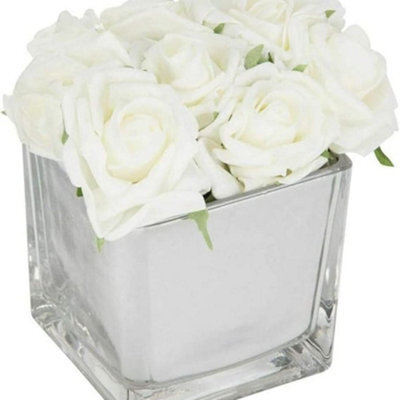 Biznest White Roses In Mirror Cube Artificial Plant Flower Ornament Artificial Flowers Hotel Wedding Home Decorative Flower