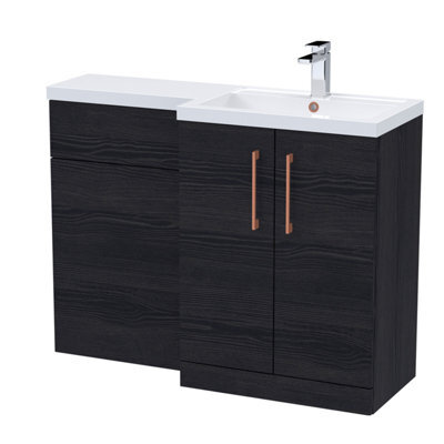 Balterley Right-Hand Bathroom Vanity And Wc Unit Combination With Basin - 1100mm - Woodgrain Black With Copper Handles - image 1
