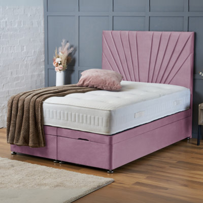 Bsspoke Pink Plush Velvet Ottoman Bed Divan Lift Up Base Orthopaedic Mattress & 138Cm Headboard 4Ft6 5Ft 6Ft - image 1