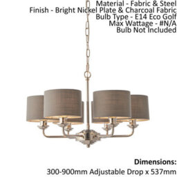 Ceiling Pendant Light - Bright Nickel Plate & Charcoal Fabric - 6 X 28W E14 - thumbnail 2