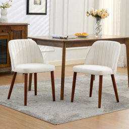 London Boutique Set Of 2 Upholstered Dining Chairs, Fabric Kitchen Chairs With Backrests, Wooden Legs For Dining Room, Beige - thumbnail 1