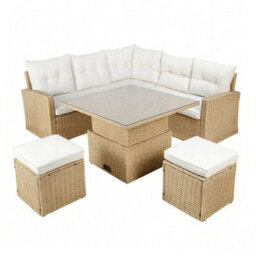 St. Tropez Garden Corner Sofa With Rising Table In Natural Rattan. 6 Seater With Footstools & Weatherproof Cushions - thumbnail 3
