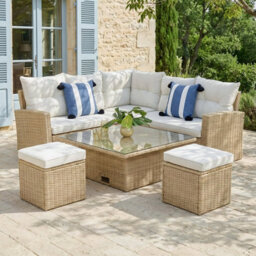 St. Tropez Garden Corner Sofa With Rising Table In Natural Rattan. 6 Seater With Footstools & Weatherproof Cushions - thumbnail 1