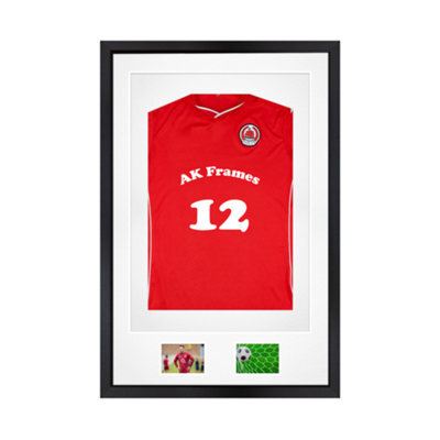"AK Frames 90X60Cm Matte Black Football Shirt Frame With White Mount - 58X40Cm Shirt Window Plus Two 5X3.5"" Photo Apertures" - image 1