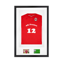 "AK Frames 90X60Cm Matte Black Football Shirt Frame With White Mount - 58X40Cm Shirt Window Plus Two 5X3.5"" Photo Apertures"