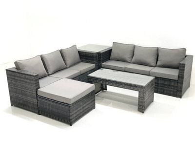 Fimous Garden Outdoor Rattan Furniture Set With Sofa Coffee Table Big Footstool Side Table Dark Grey Mixed - image 1
