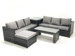 Fimous Garden Outdoor Rattan Furniture Set With Sofa Coffee Table Big Footstool Side Table Dark Grey Mixed - thumbnail 1
