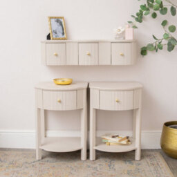Melody Maison 3 Drawer Reeded Wall Mounted Floating Dressing Table & Pair Of Bedside Tables - Willow Taupe-Grey Range
