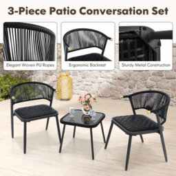 Costway 3 Piece Outdoor Wicker Furniture Set Rattan Chairs W/ Tempered Glass Coffee Table - thumbnail 9