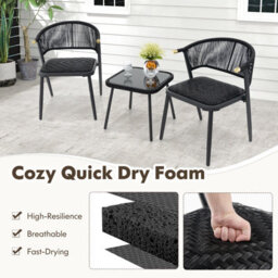 Costway 3 Piece Outdoor Wicker Furniture Set Rattan Chairs W/ Tempered Glass Coffee Table - thumbnail 7
