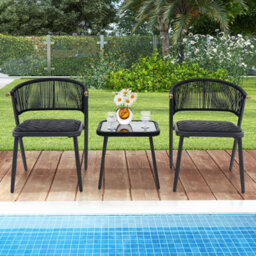 Costway 3 Piece Outdoor Wicker Furniture Set Rattan Chairs W/ Tempered Glass Coffee Table - thumbnail 5