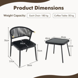 Costway 3 Piece Outdoor Wicker Furniture Set Rattan Chairs W/ Tempered Glass Coffee Table - thumbnail 3