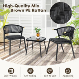 Costway 3 Piece Outdoor Wicker Furniture Set Rattan Chairs W/ Tempered Glass Coffee Table - thumbnail 6