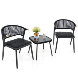 Costway 3 Piece Outdoor Wicker Furniture Set Rattan Chairs W/ Tempered Glass Coffee Table - thumbnail 2