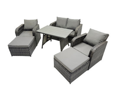 Fimous 6 Seater Garden Outdoor Rattan Furniture Set Rattan Sofa Oblong Dining Table With 2 Big Stools Dark Grey - image 1