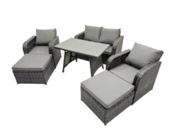 Fimous 6 Seater Garden Outdoor Rattan Furniture Set Rattan Sofa Oblong Dining Table With 2 Big Stools Dark Grey - thumbnail 1