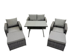 Fimous 6 Seater Garden Outdoor Rattan Furniture Set Rattan Sofa Oblong Dining Table With 2 Big Stools Dark Grey - thumbnail 2