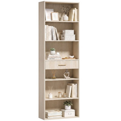 Tall Bookcase With Cubes, 7 Tier Bookshelf With Drawer, Oak - image 1
