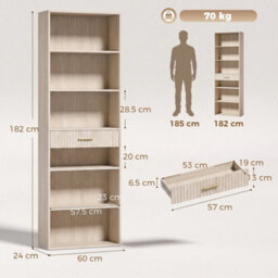 Tall Bookcase With Cubes, 7 Tier Bookshelf With Drawer, Oak - thumbnail 2