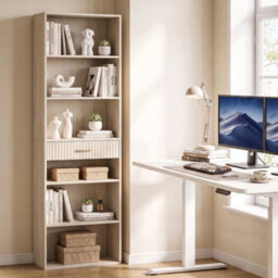 Tall Bookcase With Cubes, 7 Tier Bookshelf With Drawer, Oak - thumbnail 3