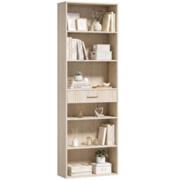 Tall Bookcase With Cubes, 7 Tier Bookshelf With Drawer, Oak - thumbnail 1