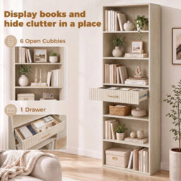 Tall Bookcase With Cubes, 7 Tier Bookshelf With Drawer, Oak - thumbnail 6