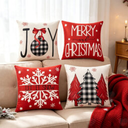 Amorly 4Pcs 18X18Inch Farmhouse Style Christmas Pillow Covers, Red Festive Throw Cushion Slipcovers For Bedroom, Sofa, Xmas Decorations - thumbnail 1