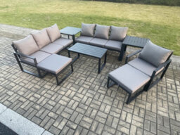 Fimous Aluminium 8 Pieces Garden Furniture Set With Cushions 9 Seater Outdoor Patio Lounge Sofa Set With Armchair 2 Footstools - thumbnail 2