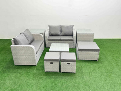 Fimous 7 Seater Outdoor Love Sofa Set Rattan Garden Furniture Set Square Coffee Table 3 Footstool 2 Side Tables Light Grey - image 1