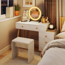 Costway Dressing Table With Lights Makeup Vanity Set W/ Removable Mirror-White - thumbnail 3