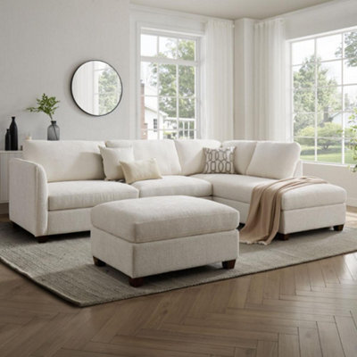 Home Detail Ben Right-Hand Facing Corner Sofa With Footstool, Cream Chenille - image 1