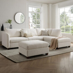 Home Detail Ben Right-Hand Facing Corner Sofa With Footstool, Cream Chenille - thumbnail 1