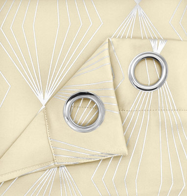 Velosso Thermal Blackout Foil Print Curtains In Variety Sizes, Ring Top Style, Durable & Lightweight For Bedroom Or Living Room - Cream