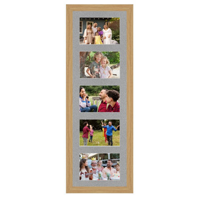 AK Frames 26X8 Light Oak Modern Multi Photo Frame With Silver Mount - Holds 5 Apertures (5X) 6X4 Photos - image 1