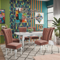 Lara Extendable Dining Table Set With 6 St63 Dining Chairs Mdf Hdf Chipboard Wood 140 To 180 Cm White And Orange - thumbnail 2
