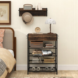 Gainoom Brown Coat Rack Shoe Stand Set 5-Tier Shoe Rack W/wall-Mounted Coat Rack - thumbnail 9