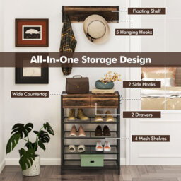 Gainoom Brown Coat Rack Shoe Stand Set 5-Tier Shoe Rack W/wall-Mounted Coat Rack - thumbnail 5