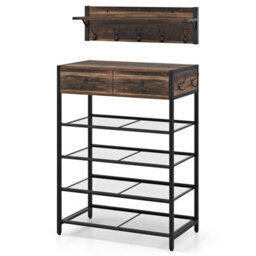 Gainoom Brown Coat Rack Shoe Stand Set 5-Tier Shoe Rack W/wall-Mounted Coat Rack - thumbnail 8