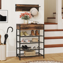 Gainoom Brown Coat Rack Shoe Stand Set 5-Tier Shoe Rack W/wall-Mounted Coat Rack - thumbnail 6