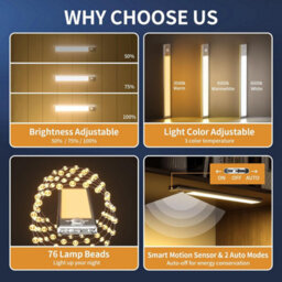 2 Pack Magnetic Led Under Cabinet Lights - 76 Leds, Motion Sensor, 1500Mah Usb Rechargeable, Dimmable For Kitchen/closet/stairs - thumbnail 2