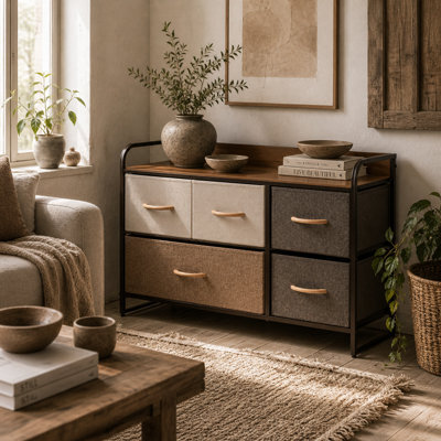 Wyld Haus Zini Brown 5-Drawer Linen-Effect Dresser With Steel Frame And Wood-Effect Top - 87.5W X 29D X 58H Cm - image 1