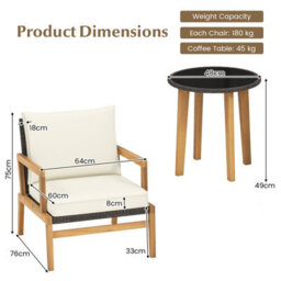 Costway 3 Piece Patio Conversation Set Wicker Chair & Side Table Set W/ Soft Cushions - thumbnail 3