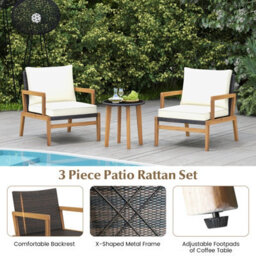 Costway 3 Piece Patio Conversation Set Wicker Chair & Side Table Set W/ Soft Cushions - thumbnail 8