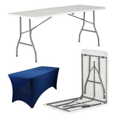 Harbour Housewares Folding Camping Picnic Table With Fitted Tablecloth - 180Cm (6Ft) - White/blue - Portable Plastic Outdoor Party Display - image 1