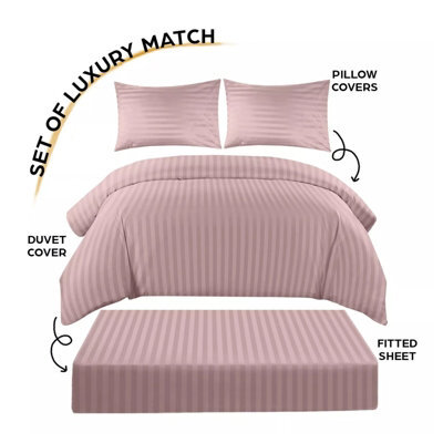 Ameha Peach Striped Microfibre Bedding Set Double, Reversible & Breathable Duvet Cover, Fitted Sheet & Pillowcases - image 1