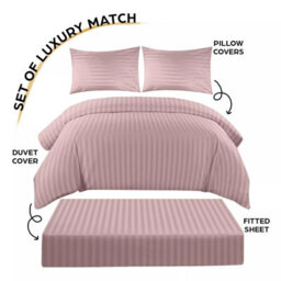 Ameha Peach Striped Microfibre Bedding Set Double, Reversible & Breathable Duvet Cover, Fitted Sheet & Pillowcases - thumbnail 3