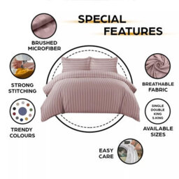 Ameha Peach Striped Microfibre Bedding Set Double, Reversible & Breathable Duvet Cover, Fitted Sheet & Pillowcases - thumbnail 7